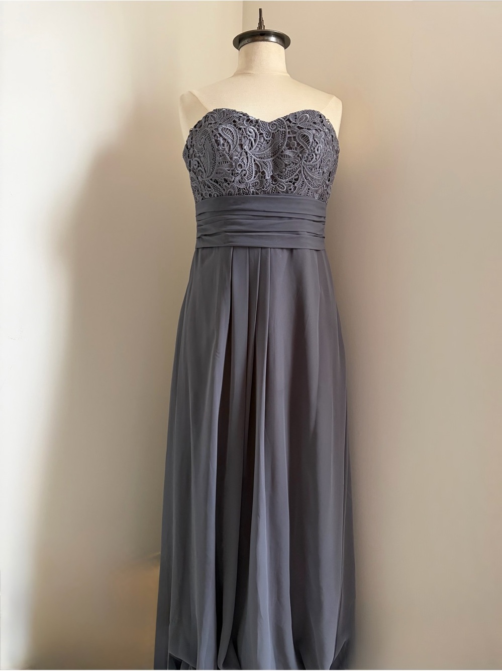 BILL LEVKOFF Strapless Lace-Top Maxi Dress in Slate Gray SIZE 12